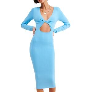 Bardot Blue Ribbed Knit Midi Dress SIZE 8 Cut Out Bodycon Long Sleeve  $119 NEW